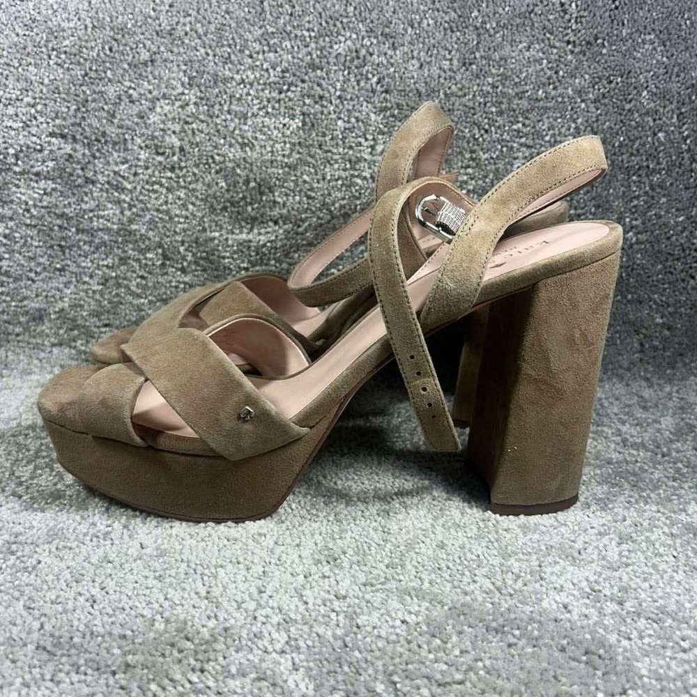 Kate Spade‎ Platform Sandals Tan Suede Block Heel Ankle Strap - Womens size 10B